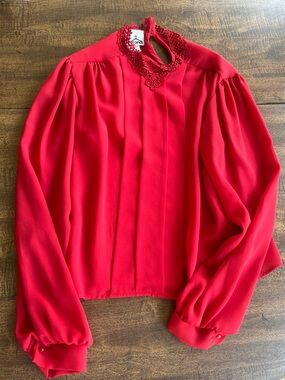 Vintage At Once Red Lace Neck Blouse Puff Sleeve Romantic Dark Coquette USA Med